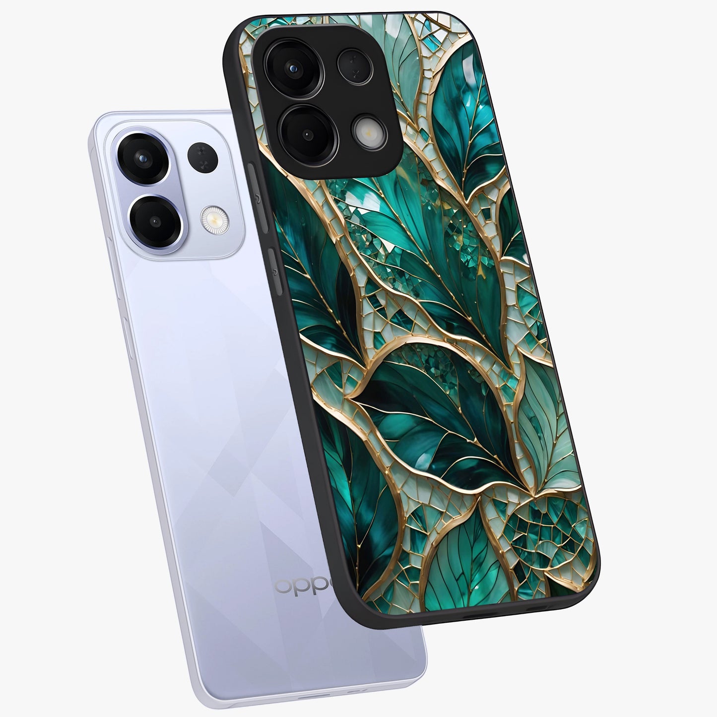 Emerald Leaf Glass Glass Case displayed in angled mockup highlighting botanical leaf illustration with elegant natural aesthetic.