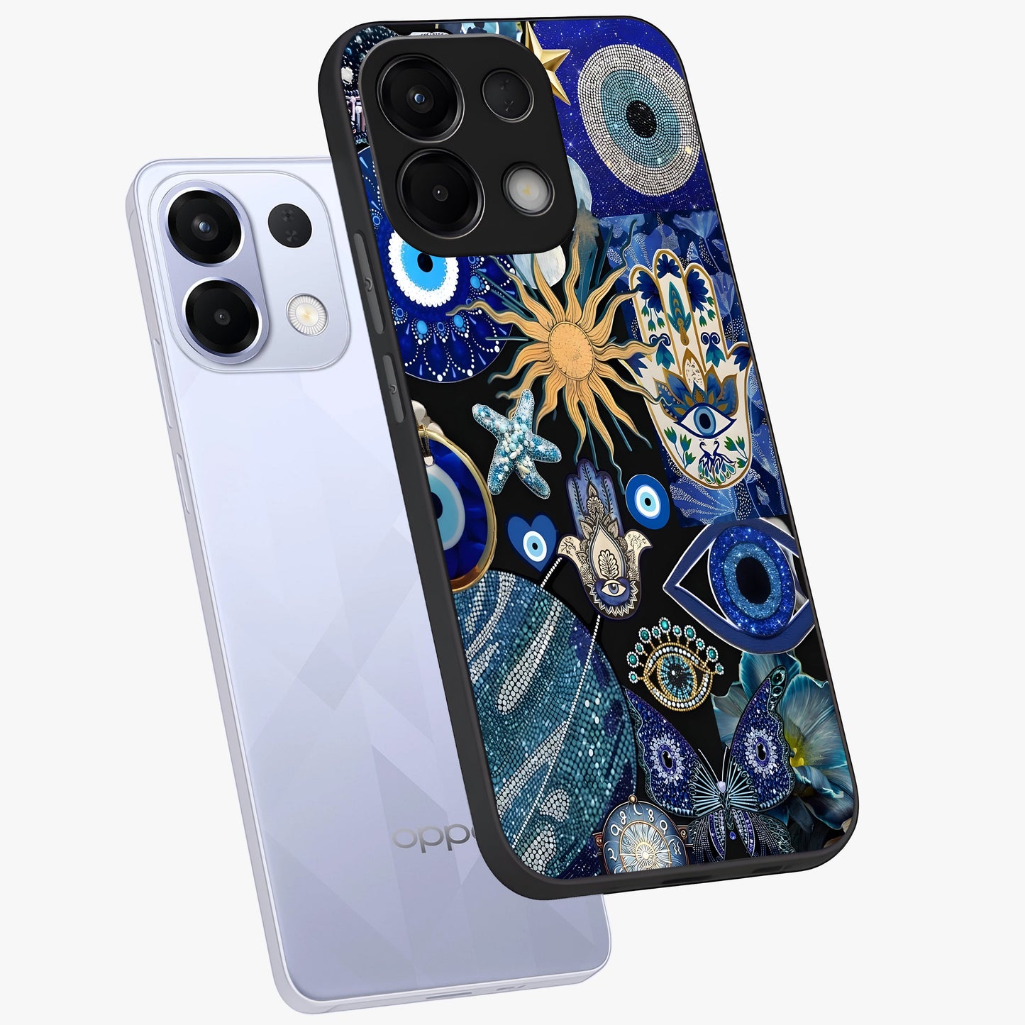Evil Eye Charm Mix Glass Case displayed in angled mockup highlighting protective evil eye symbols with spiritual aesthetic design.
