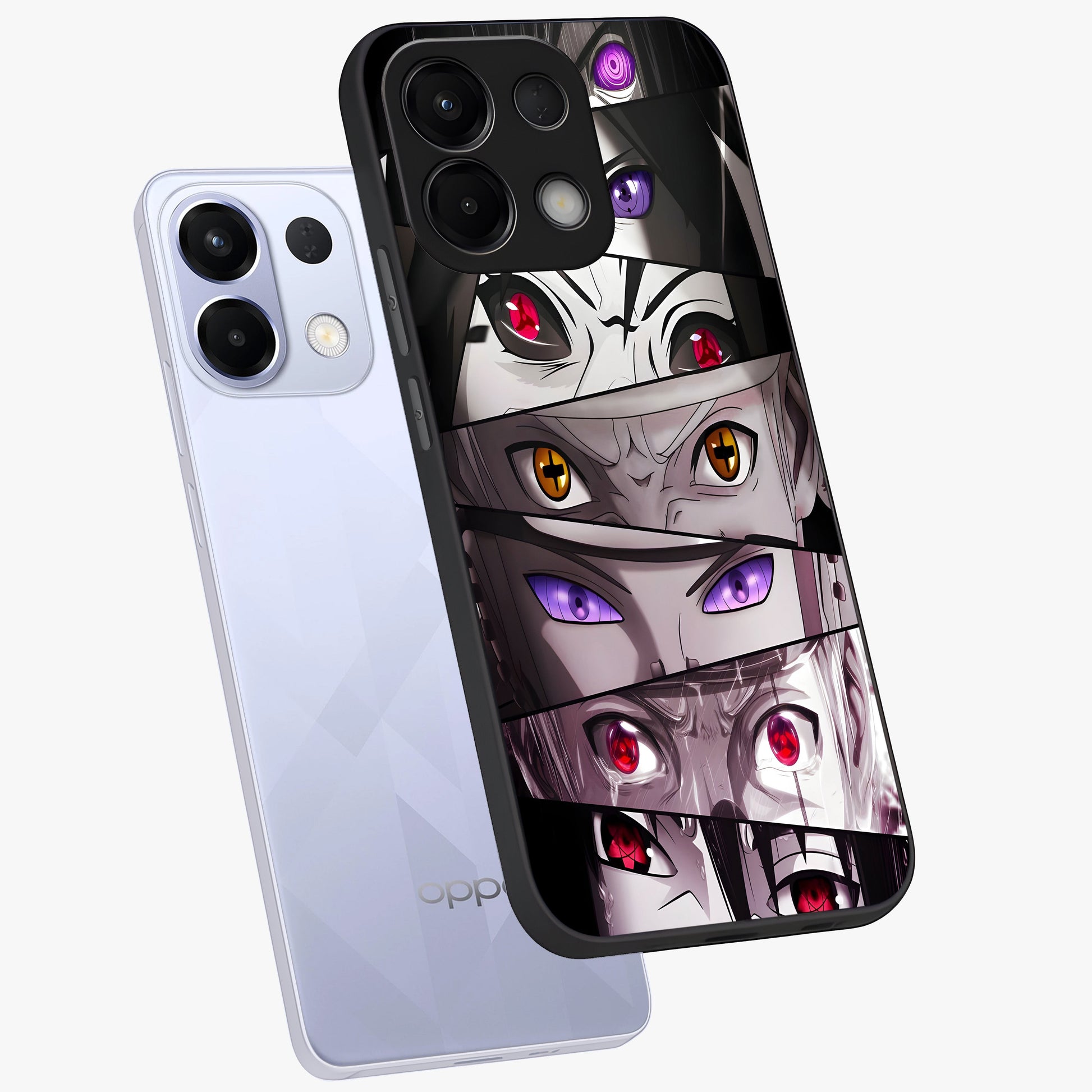 Eyes of Destiny Glass Case displayed in angled mockup highlighting bold eye illustration with mystical aesthetic style.