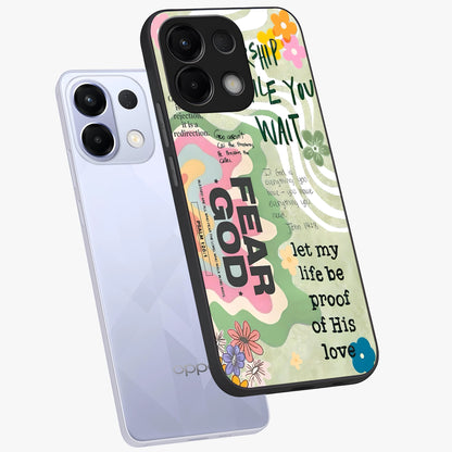 Faith Over Fear Glass Case displayed in angled mockup highlighting inspirational message design with modern aesthetic style.
