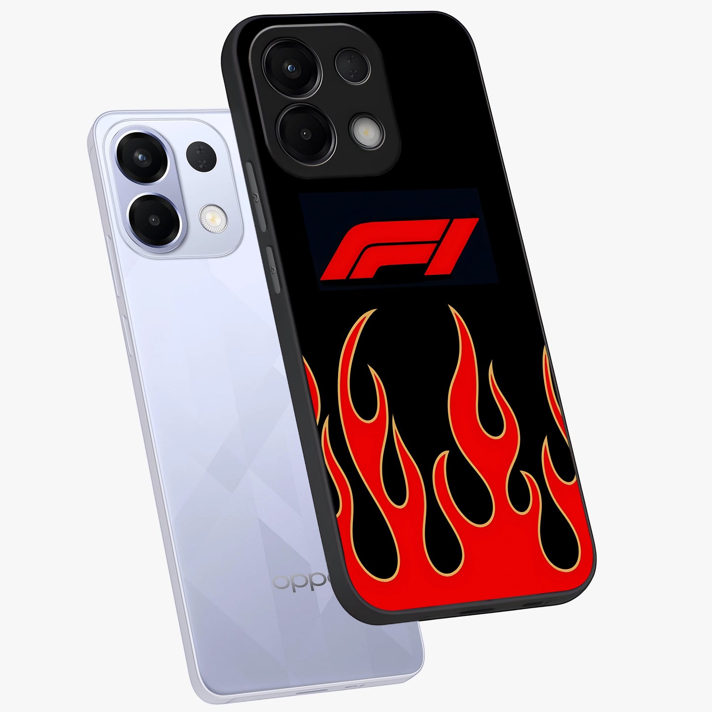 Fire F11 Glass Case displayed in angled mockup highlighting bold fire inspired graphic with energetic aesthetic style.