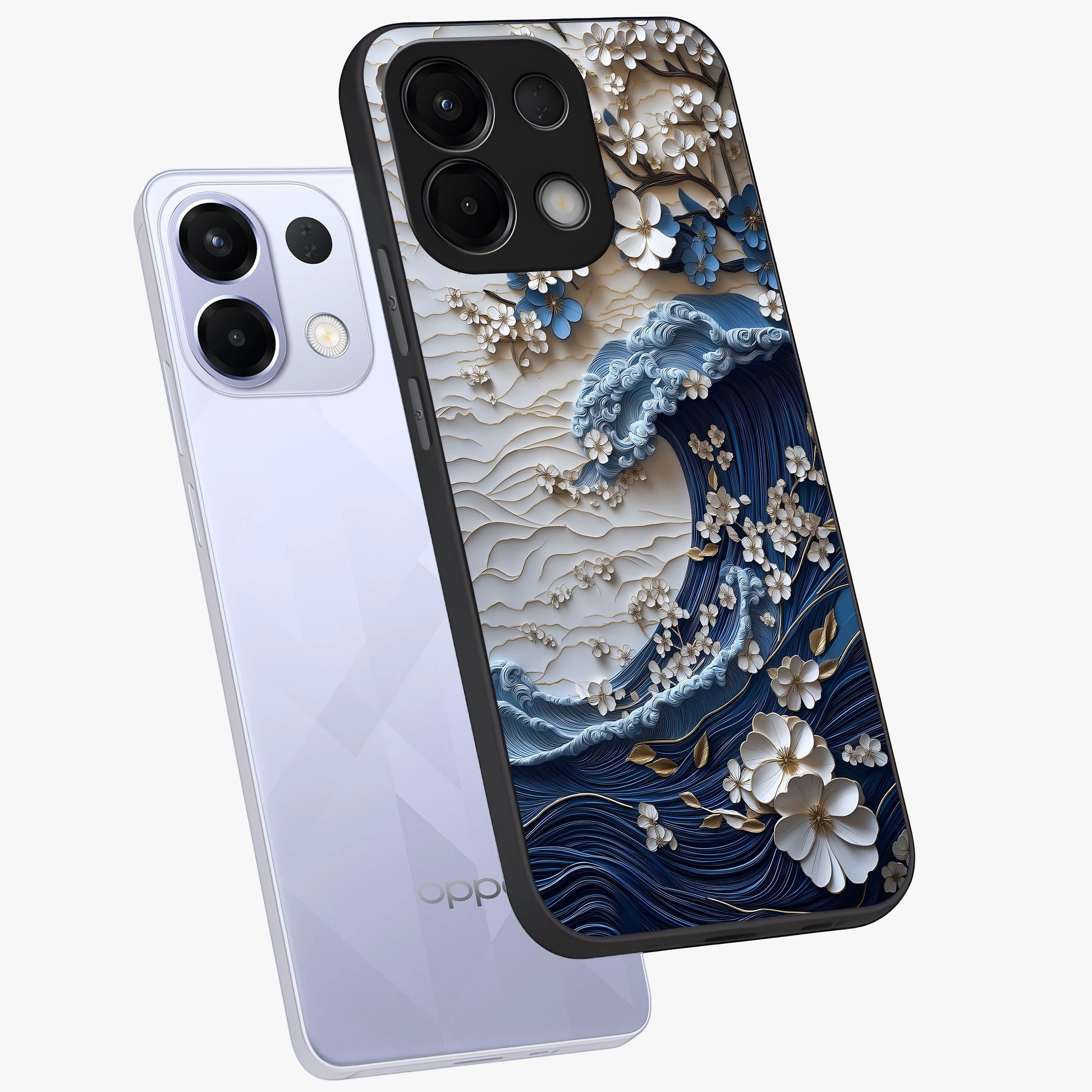 Floral Wave Origami Glass Case displayed in angled mockup highlighting geometric origami flower design with modern aesthetic style.