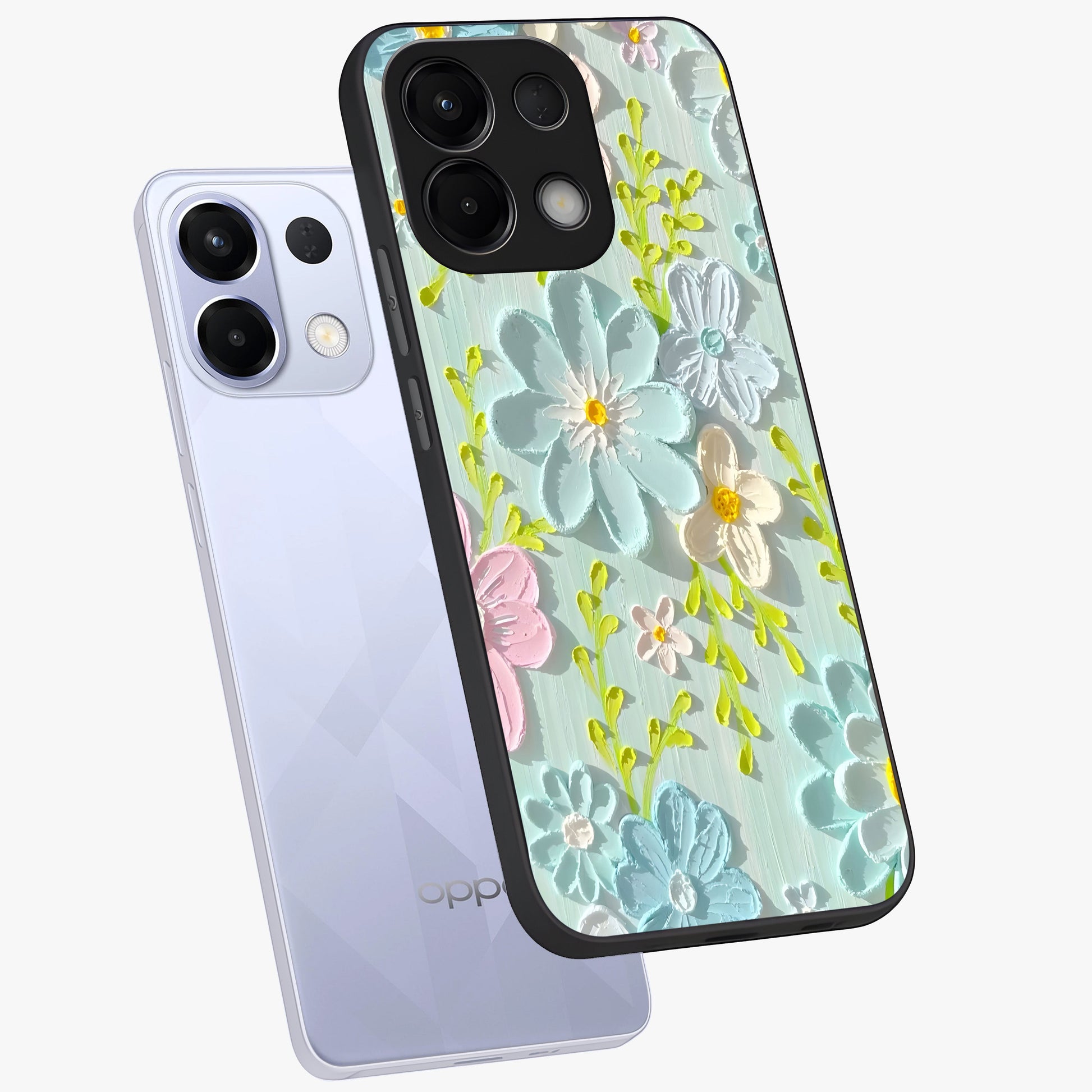 Frosted Petal Garden Glass Case displayed in angled mockup highlighting delicate flower petal design with calm garden aesthetic.