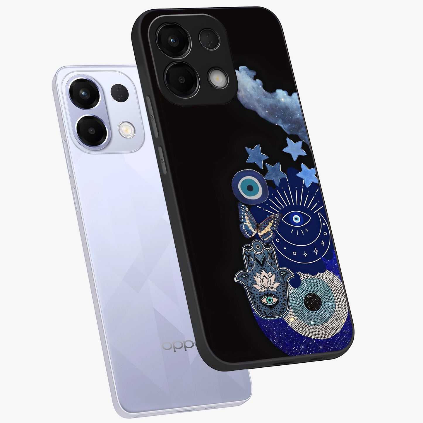 Galactic Charm Cluster Glass Case displayed in angled mockup highlighting luminous galaxy inspired design with dreamy aesthetic.