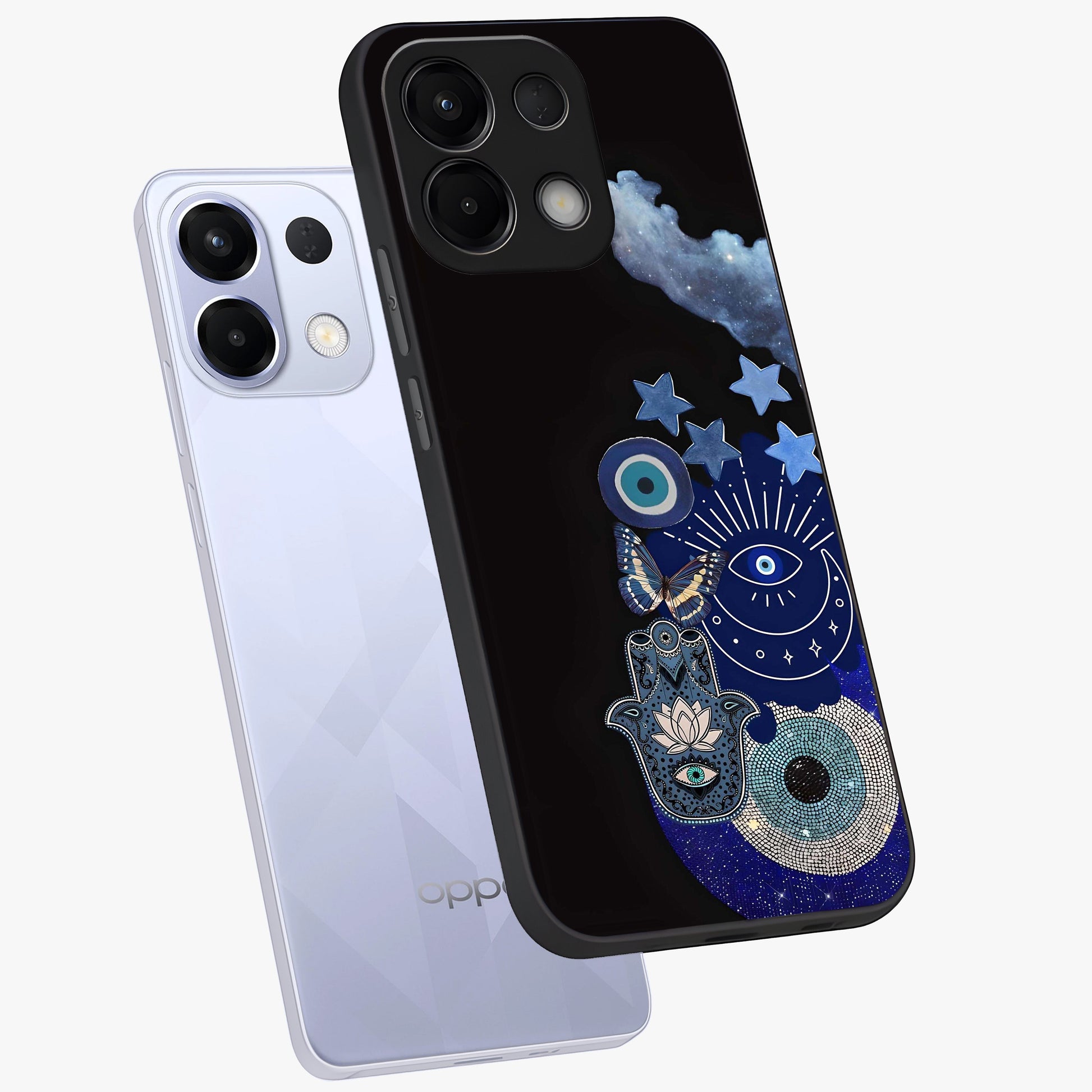 Galactic Charm Cluster Glass Case displayed in angled mockup highlighting luminous galaxy inspired design with dreamy aesthetic.