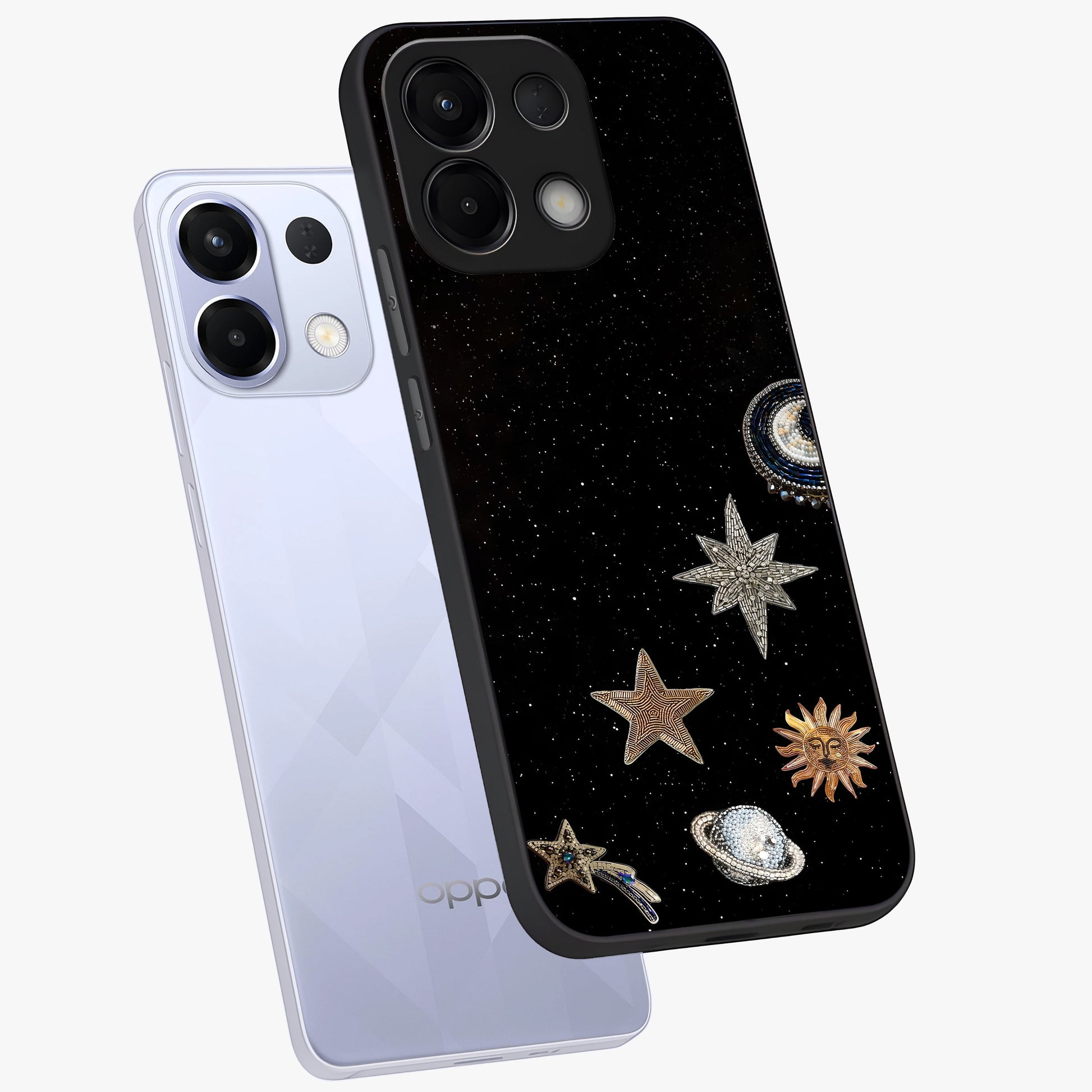 Galactic Charm Glow Glass Case displayed in angled mockup highlighting luminous galaxy inspired design with dreamy aesthetic.