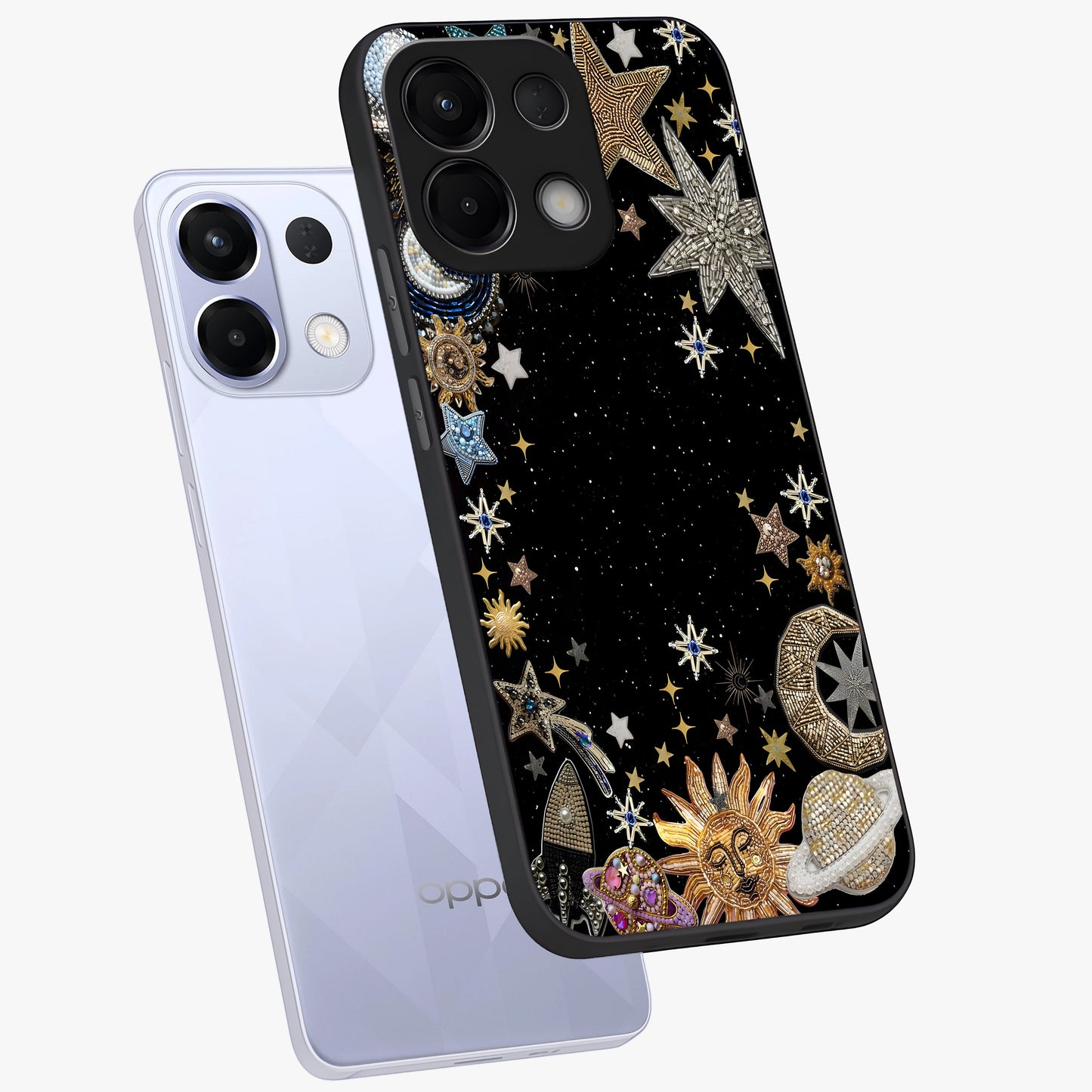 Galactic Jewel Stars Glass Case displayed in angled mockup highlighting shining celestial star design with cosmic aesthetic style.