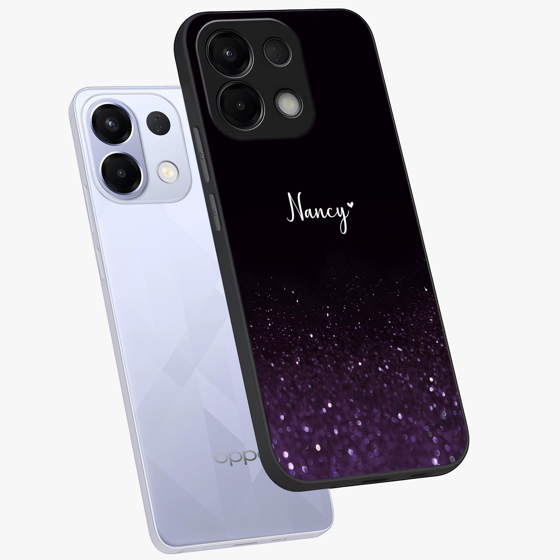 Glittery Purple Bokeh Custom Name Glass Case displayed in angled mockup highlighting glitter bokeh pattern with custom name feature.
