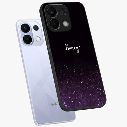 Glittery Purple Bokeh Custom Name Glass Case displayed in angled mockup highlighting glitter bokeh pattern with custom name feature.
