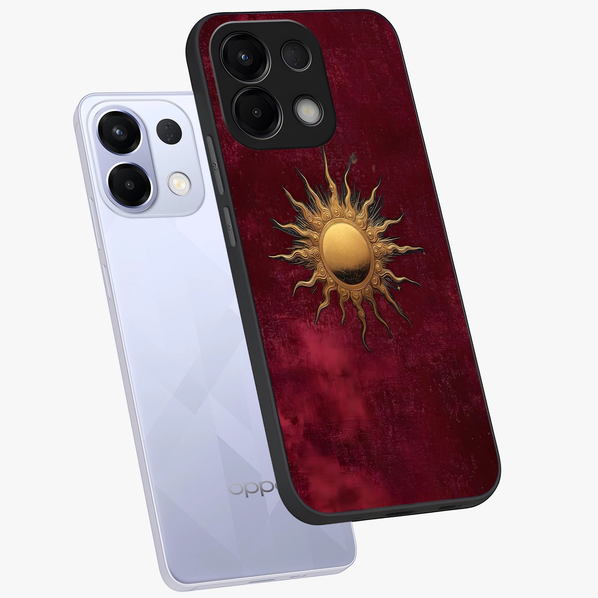 Golden Sun Minimalism Glass Case displayed in angled mockup highlighting clean sun symbol design with modern minimal aesthetic.