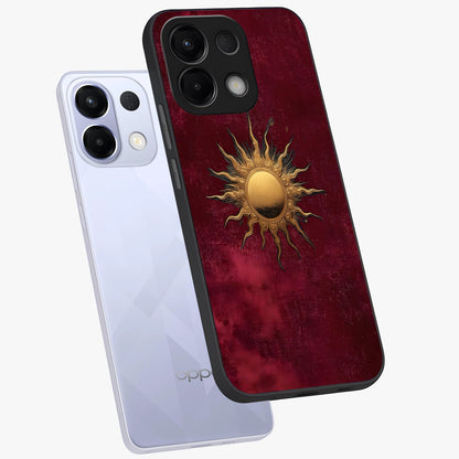Golden Sun Minimalism Glass Case displayed in angled mockup highlighting clean sun symbol design with modern minimal aesthetic.