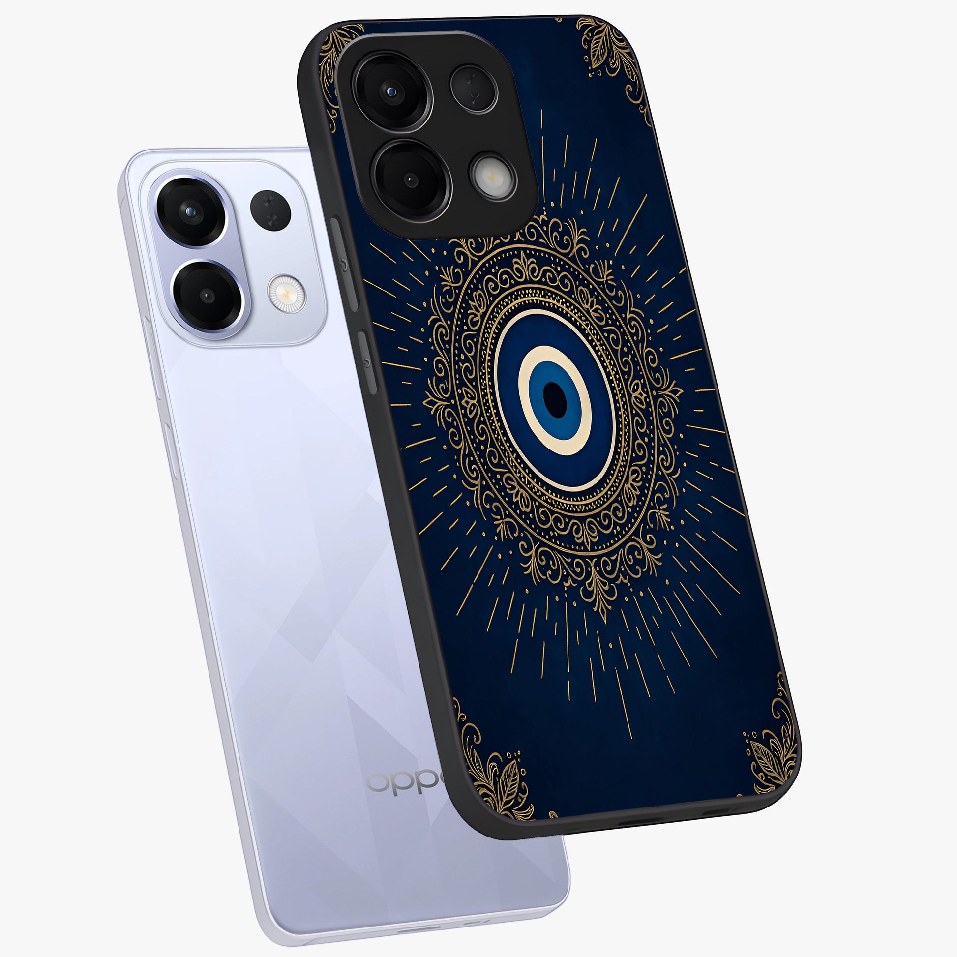 Golden Celestial Charm Glass Case displayed in angled mockup highlighting sparkling cosmic charm design with celestial aesthetic.