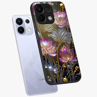 Golden Floral Majesty Glass Case displayed in angled mockup highlighting elegant flower design with royal golden aesthetic.