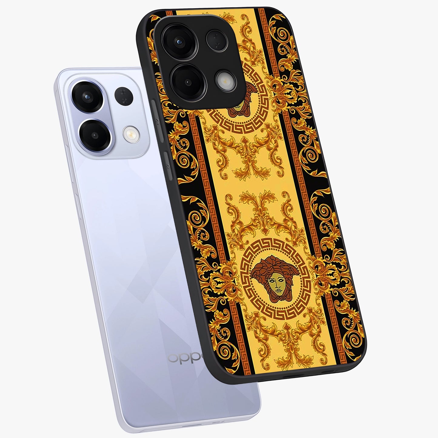 Golden Lotus Glow Glass Case displayed in angled mockup highlighting radiant lotus illustration with spiritual aesthetic.