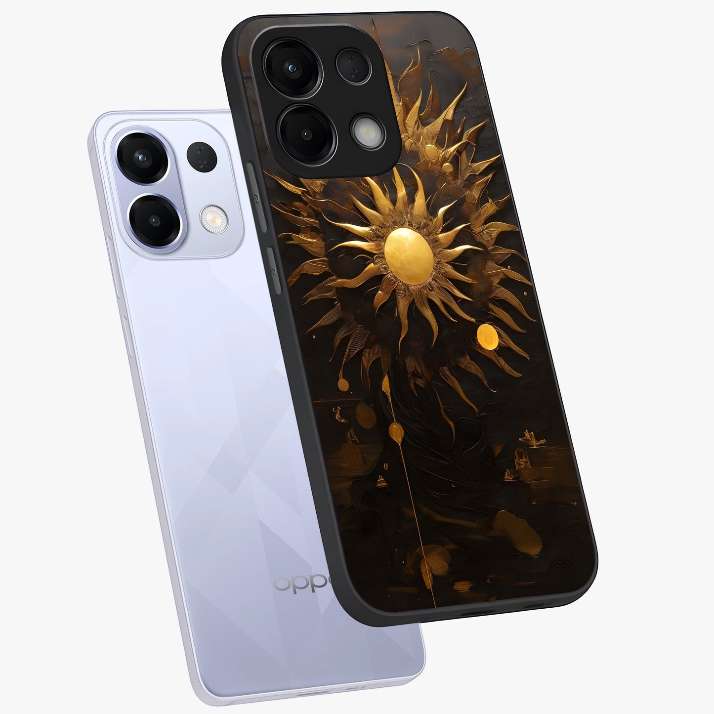 Golden Sun Majesty Glass Case displayed in angled mockup highlighting eerie shadow illustration with gothic aesthetic.