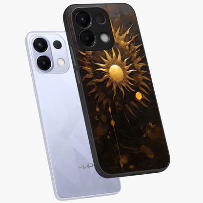 Golden Sun Majesty Glass Case displayed in angled mockup highlighting eerie shadow illustration with gothic aesthetic.
