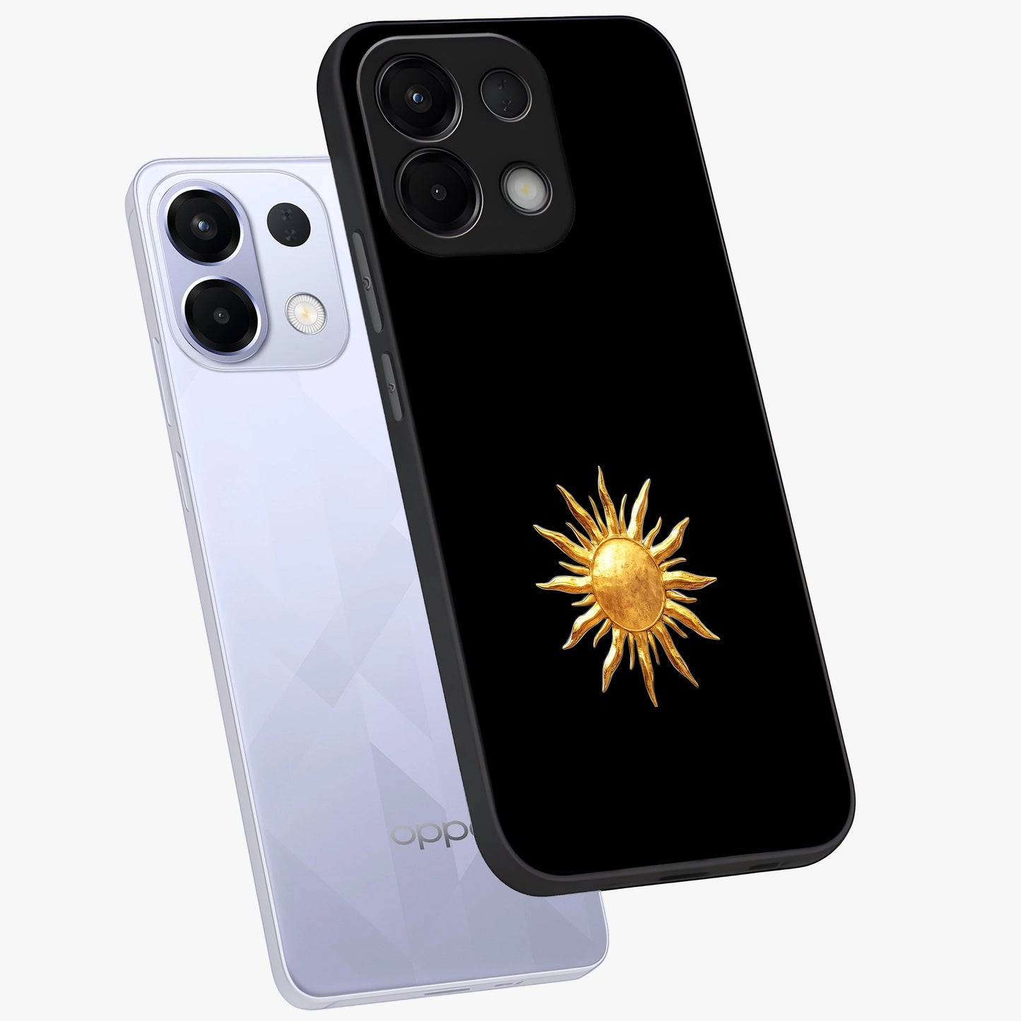 Golden Sun Minimalism Glass Case displayed in angled mockup highlighting eerie shadow illustration with gothic aesthetic.