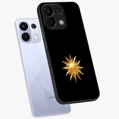 Golden Sun Minimalism Glass Case displayed in angled mockup highlighting eerie shadow illustration with gothic aesthetic.
