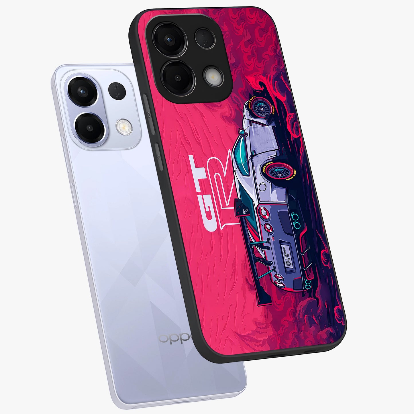 GT-R Car Pattern Glass Case displayed in angled mockup highlighting racing car graphic design with bold automotive aesthetic.