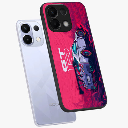 GT-R Car Pattern Glass Case displayed in angled mockup highlighting racing car graphic design with bold automotive aesthetic.