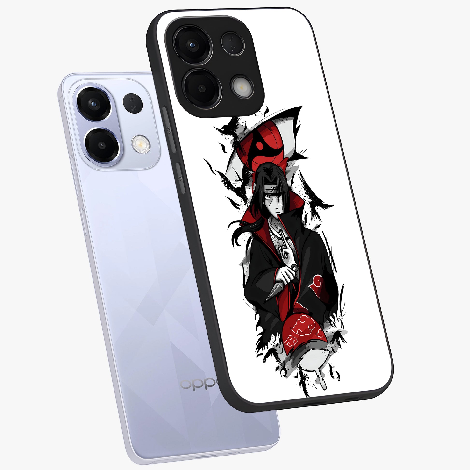 Itachi Limited Edition Naruto Anime Glass Case displayed in angled mockup highlighting dramatic anime illustration with bold action aesthetic.