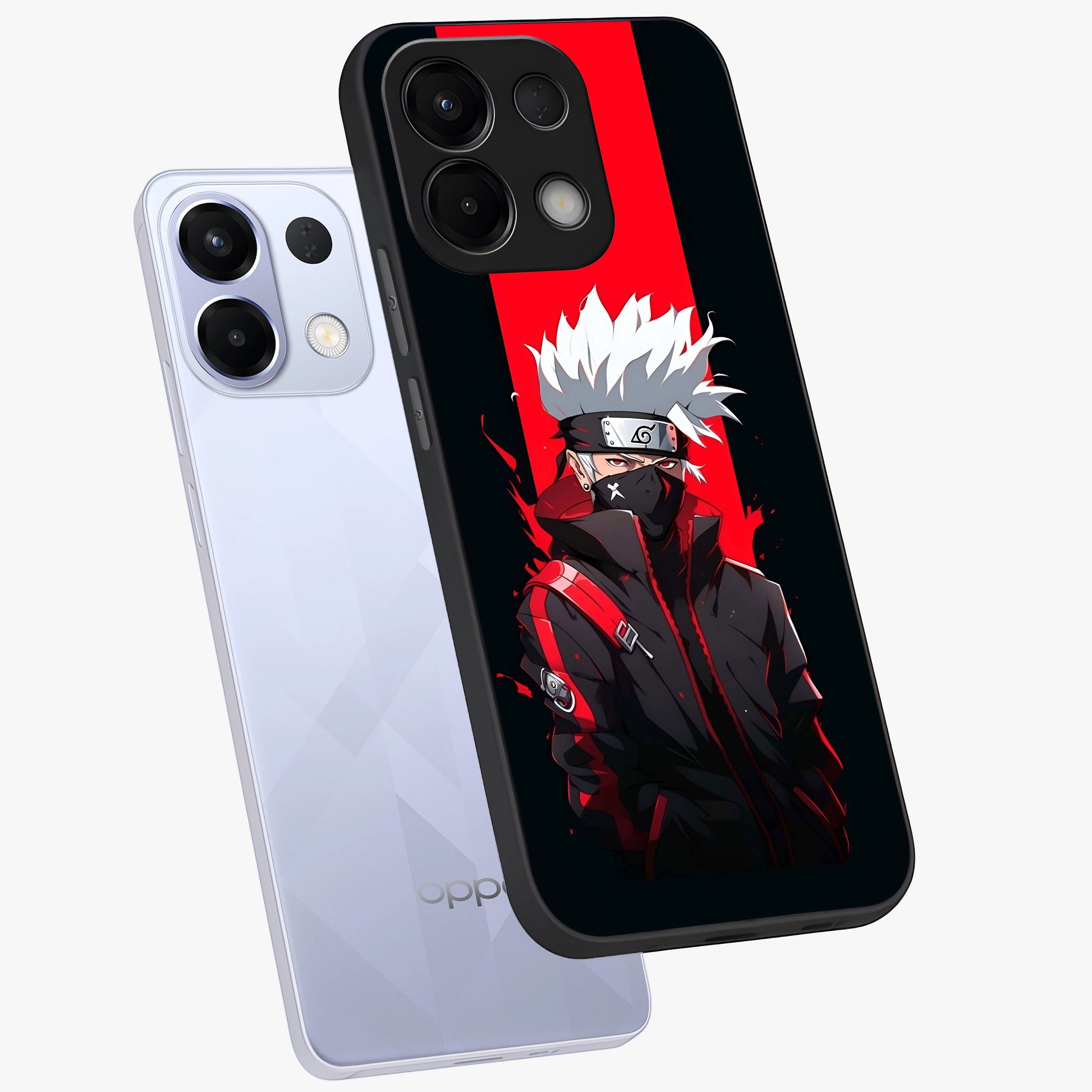 Kakashi Scarlet Shadow Glass Case displayed in angled mockup highlighting dramatic ninja illustration with scarlet themed aesthetic.