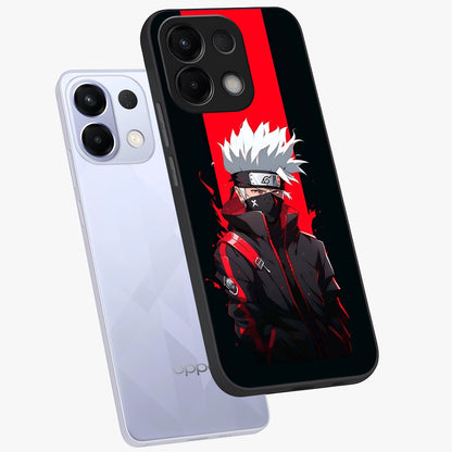 Kakashi Scarlet Shadow Glass Case displayed in angled mockup highlighting dramatic ninja illustration with scarlet themed aesthetic.