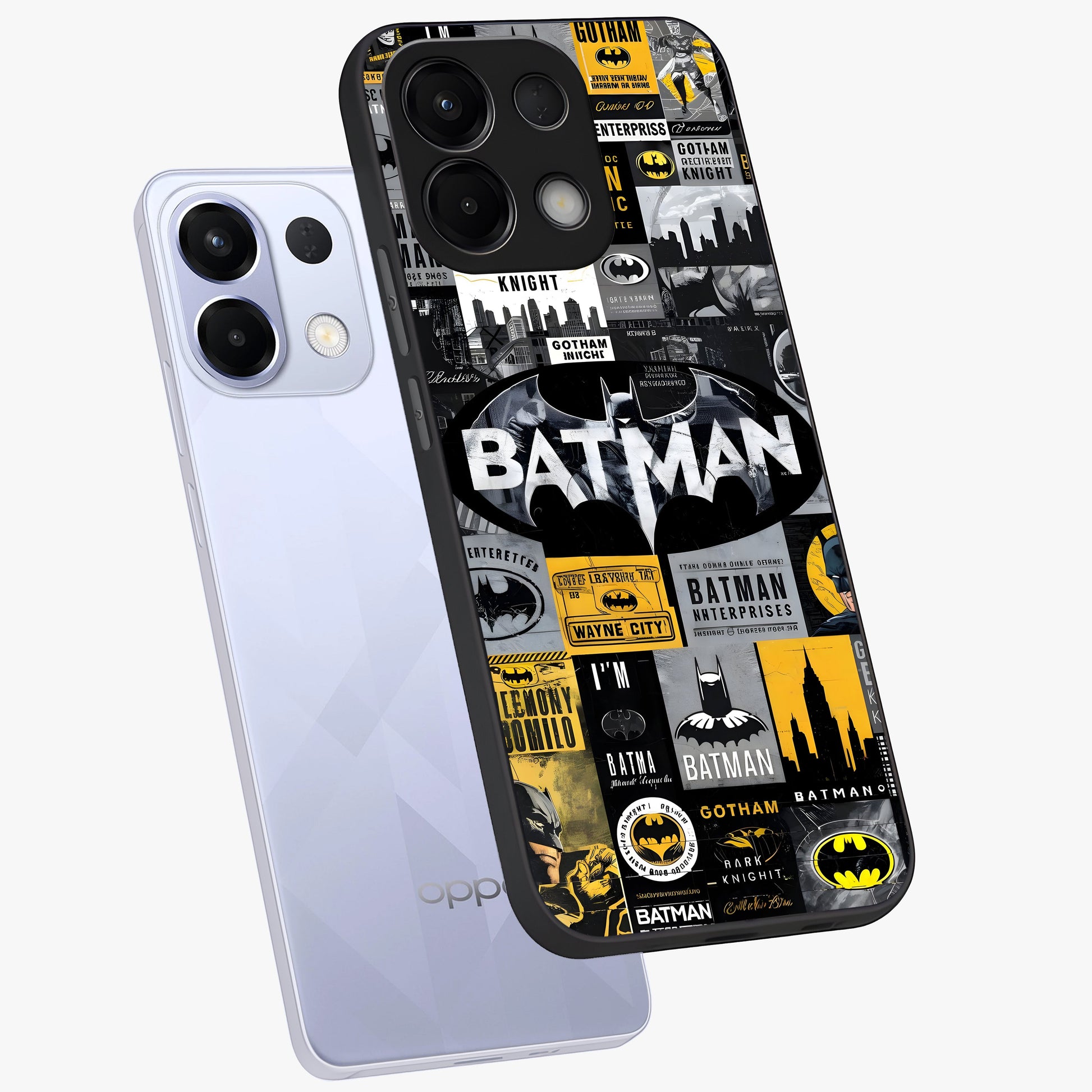 Knight Gotham Rise Glass Case displayed in angled mockup highlighting powerful knight silhouette design with dramatic aesthetic.