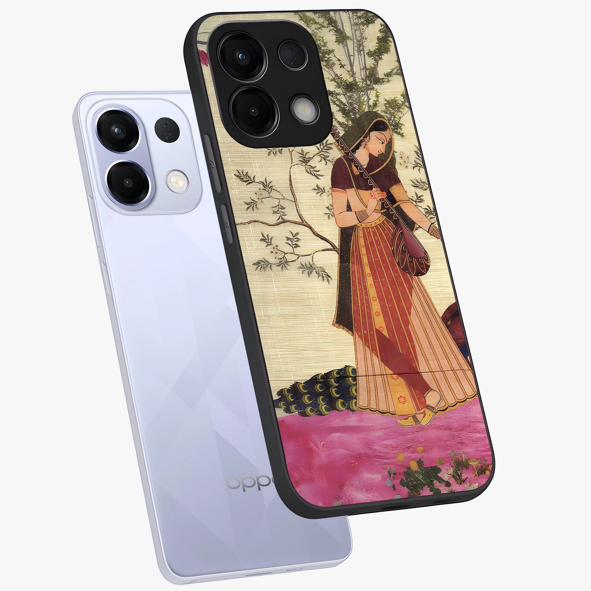 Lady With Veena Art Glass Case displayed in angled mockup highlighting graceful musical illustration with cultural artistic aesthetic.