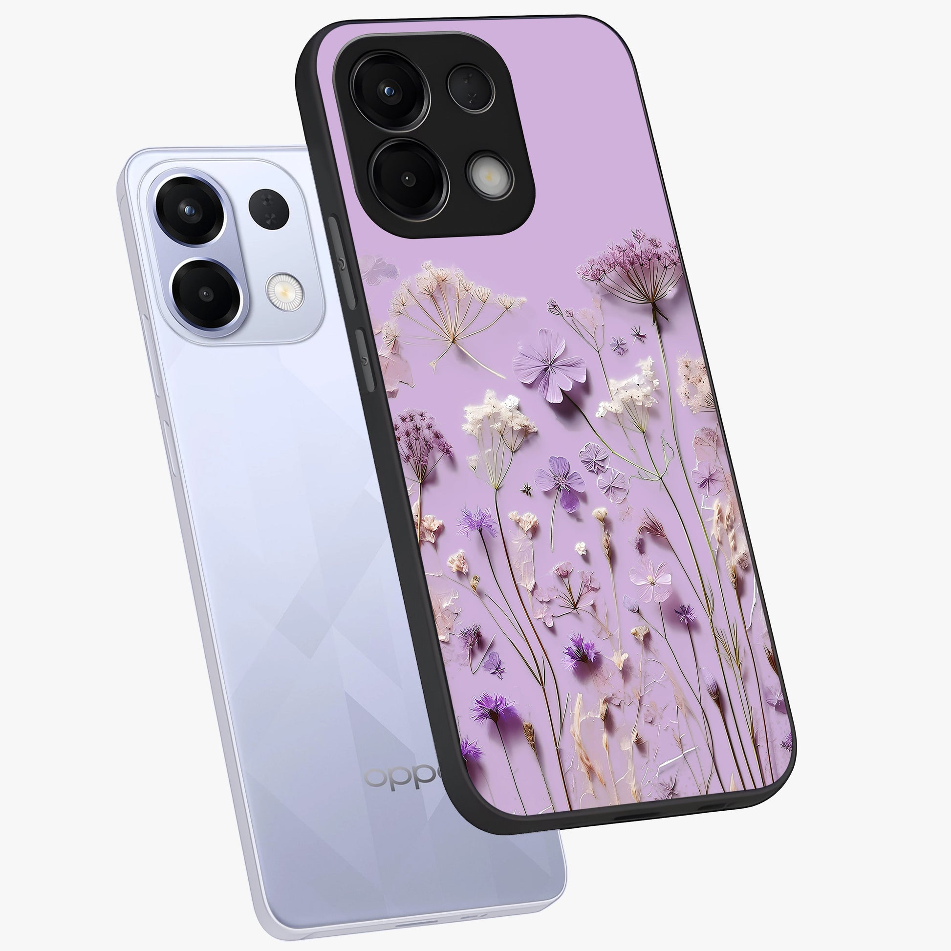 Lavender Blossom Dream Glass Case displayed in angled mockup highlighting dreamy lavender flower design with calming aesthetic style.