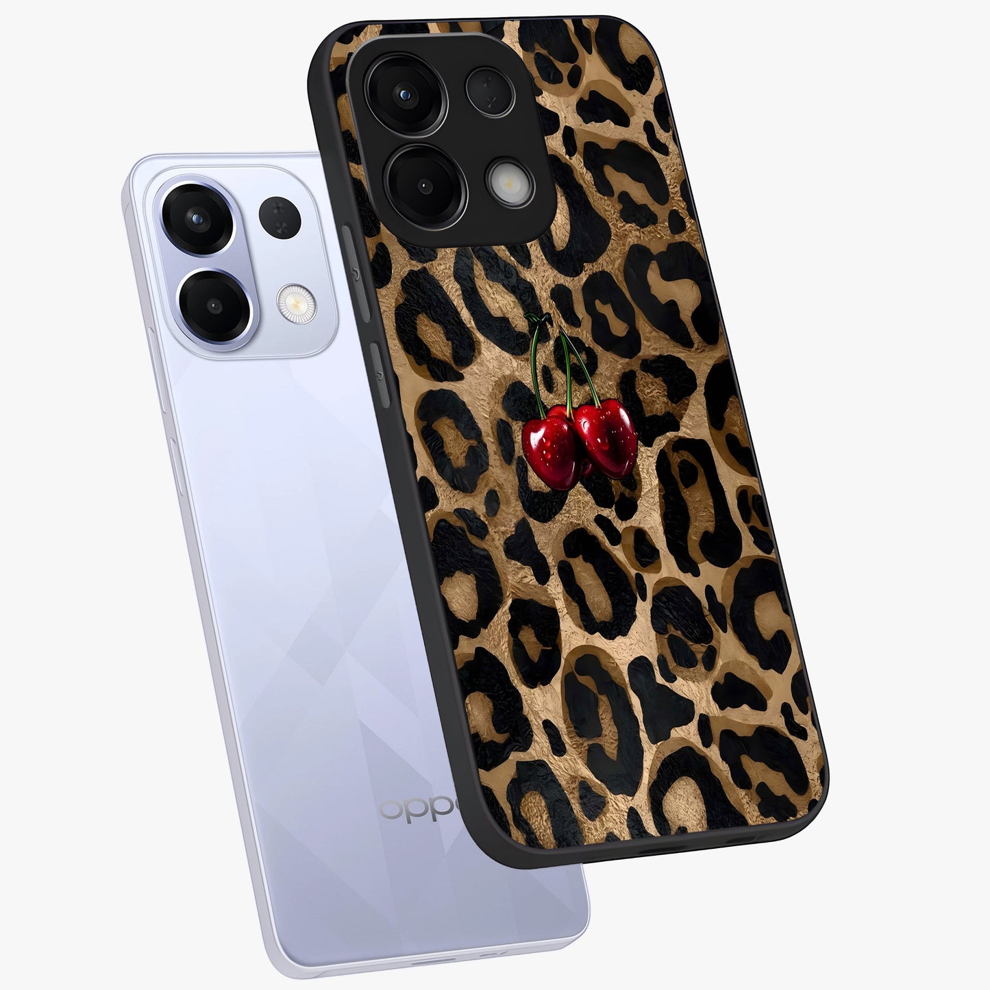 Leopard Wild Cherry Glass Case displayed in angled mockup highlighting bold animal print design with playful cherry aesthetic.