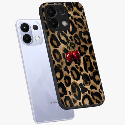 Leopard Wild Cherry Glass Case displayed in angled mockup highlighting bold animal print design with playful cherry aesthetic.