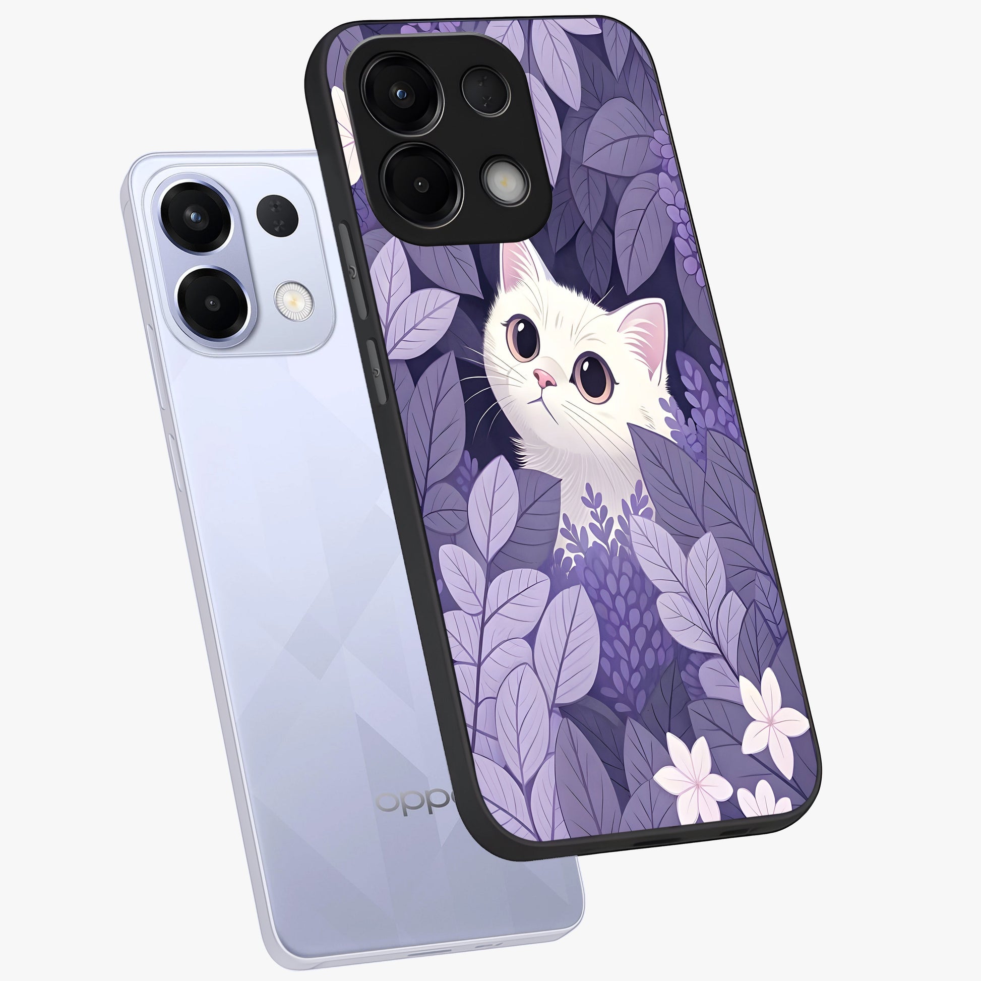 Lilac Hide Peek Cat Glass Case displayed in angled mockup highlighting playful feline illustration with lilac aesthetic design.
