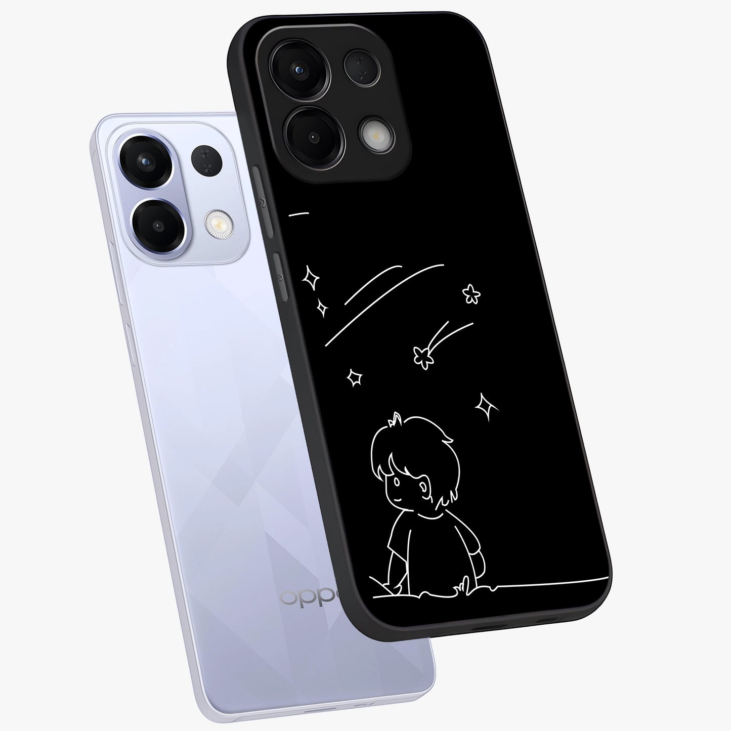 Line Art Boy With Shooting Stars Glass Case displayed in angled mockup highlighting elegant line art design with dreamy star aesthetic.