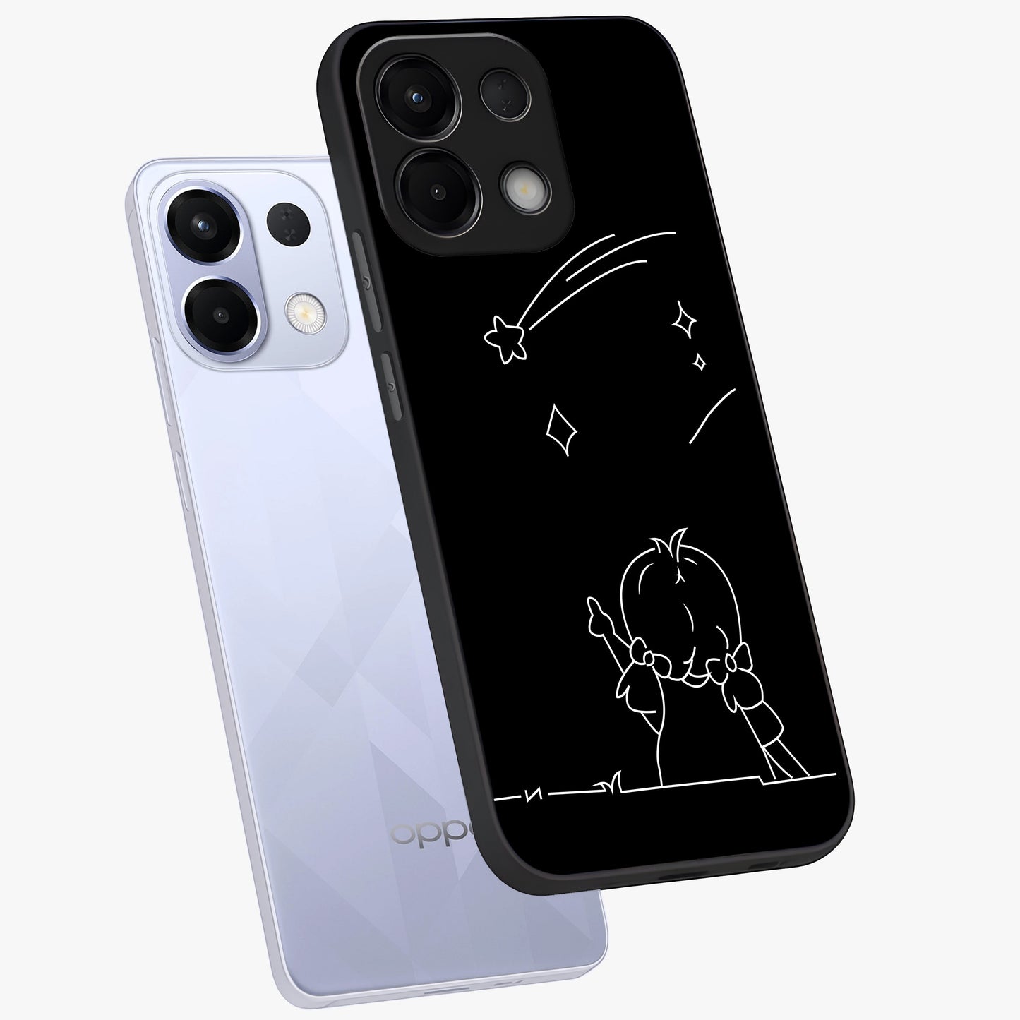 Line Art Girl With Shooting Stars Glass Case displayed in angled mockup highlighting elegant line art design with dreamy star aesthetic.