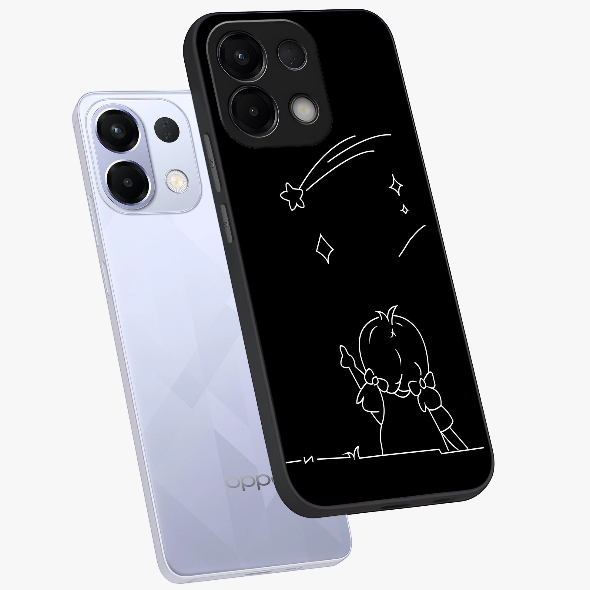 Line Art Girl With Shooting Stars Glass Case displayed in angled mockup highlighting elegant line art design with dreamy star aesthetic.