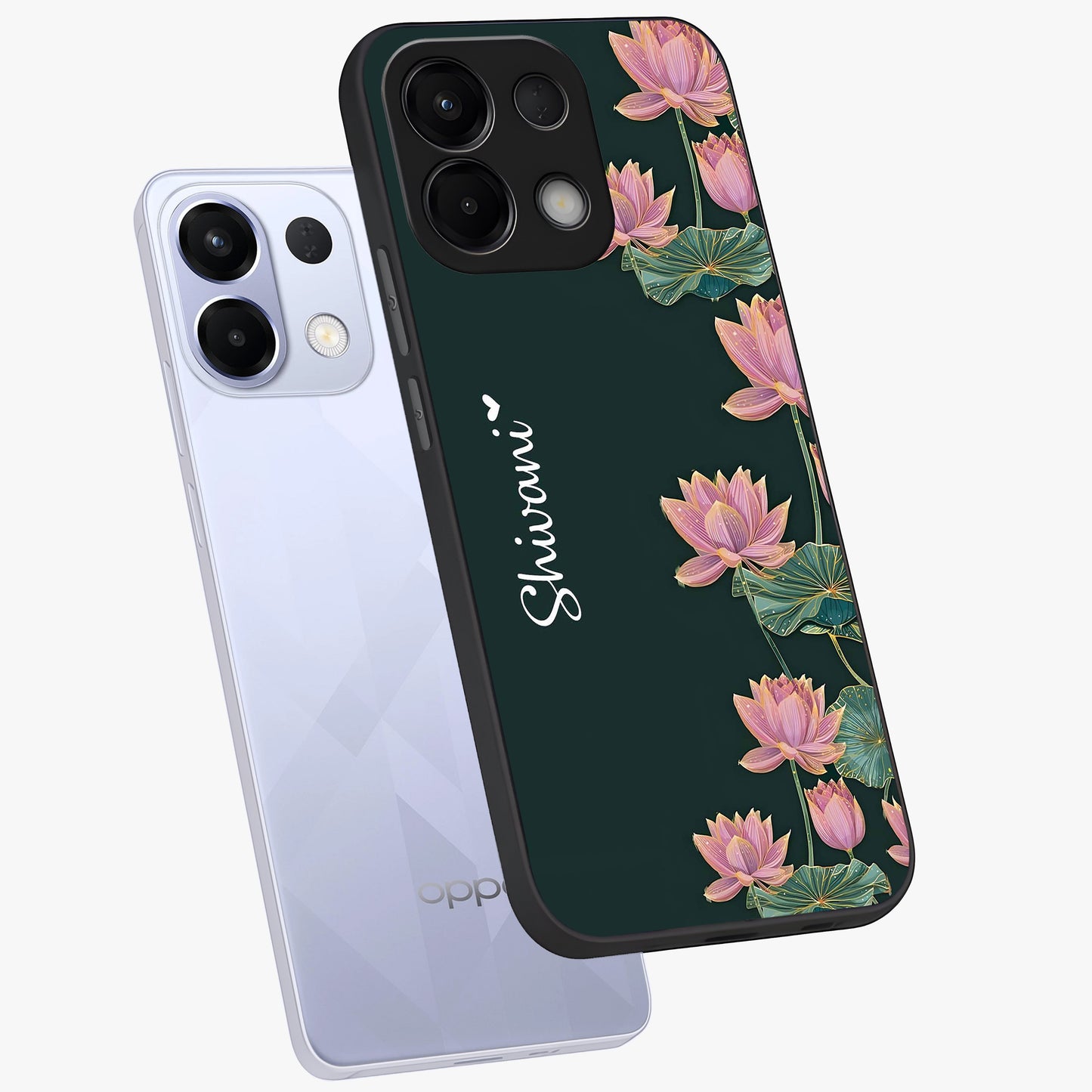 Lotus Bloom Serenity Custom Name Glass Case displayed in angled mockup highlighting graceful lotus illustration with custom name feature.