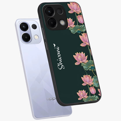 Lotus Bloom Serenity Custom Name Glass Case displayed in angled mockup highlighting graceful lotus illustration with custom name feature.