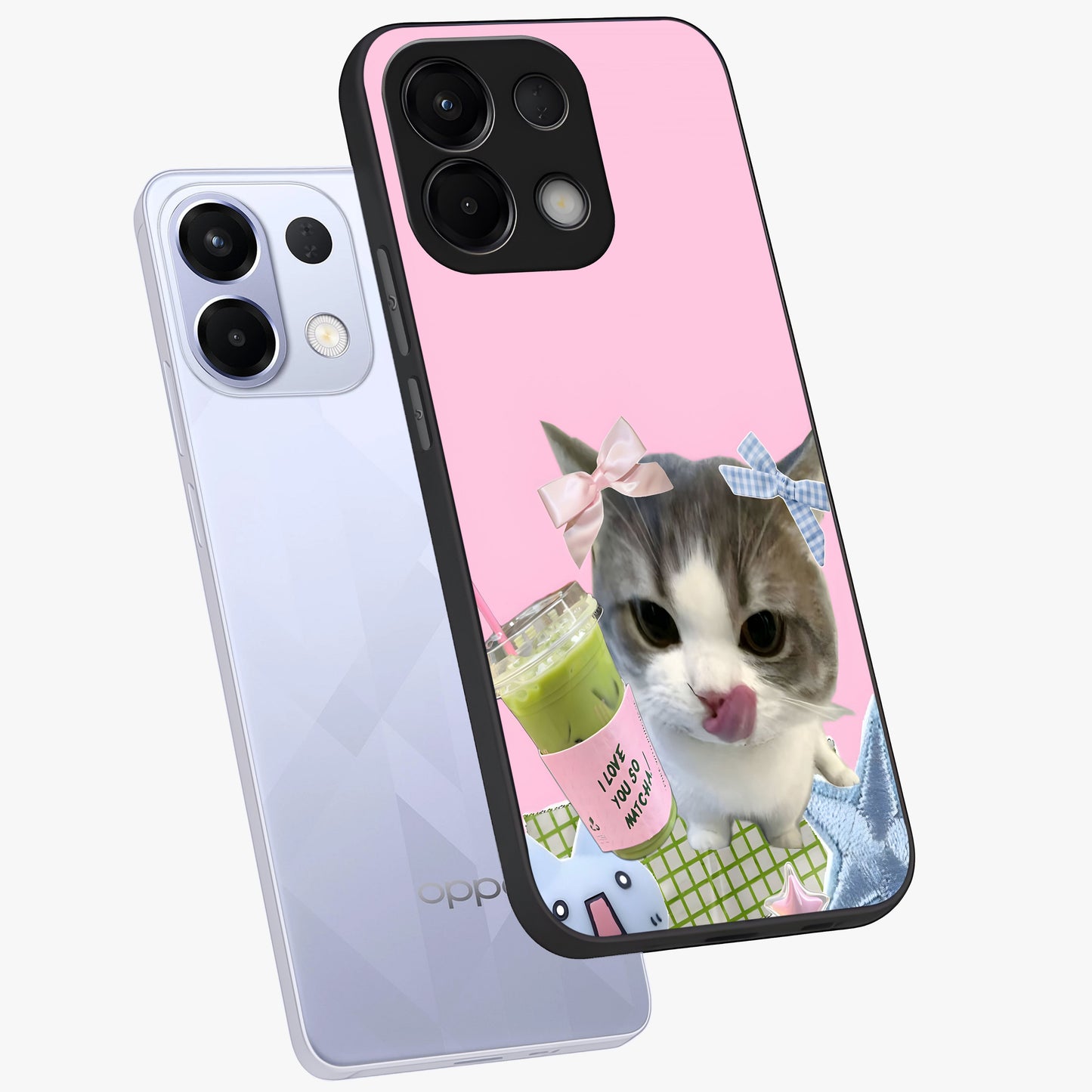 Love Matcha Cat Glass Case displayed in angled mockup highlighting playful feline illustration with cozy matcha aesthetic.
