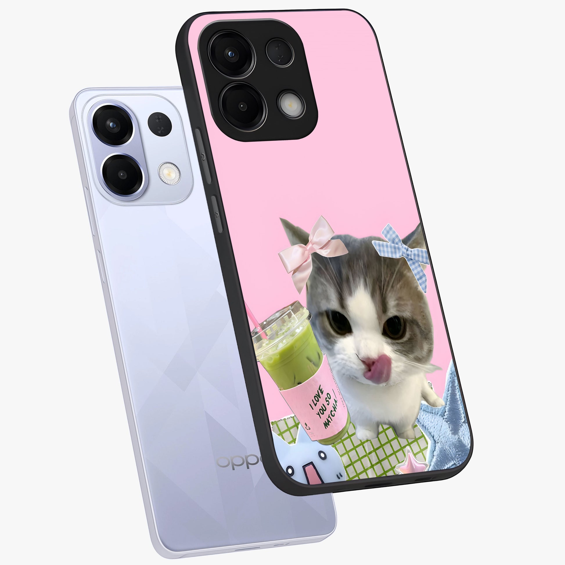 Love Matcha Cat Glass Case displayed in angled mockup highlighting playful feline illustration with cozy matcha aesthetic.