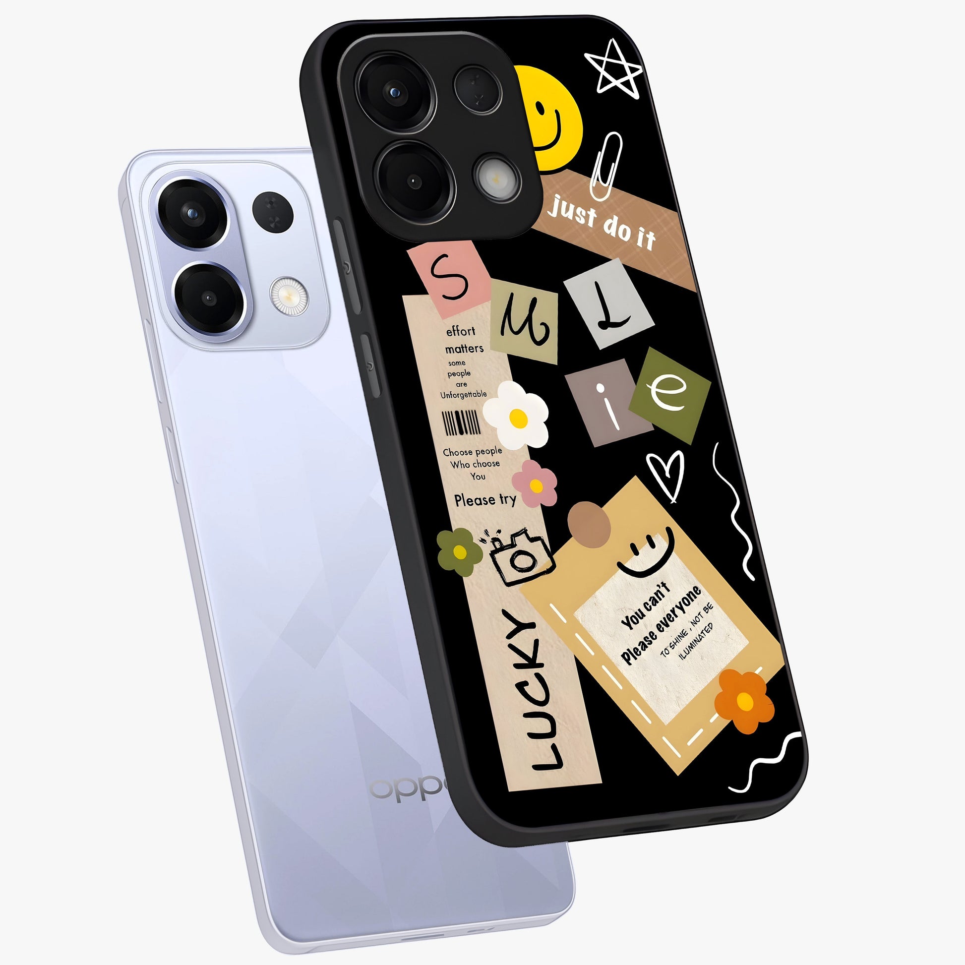 Lucky Aesthetic Collage Glass Case displayed in angled mockup highlighting stylish collage pattern with modern aesthetic vibe.