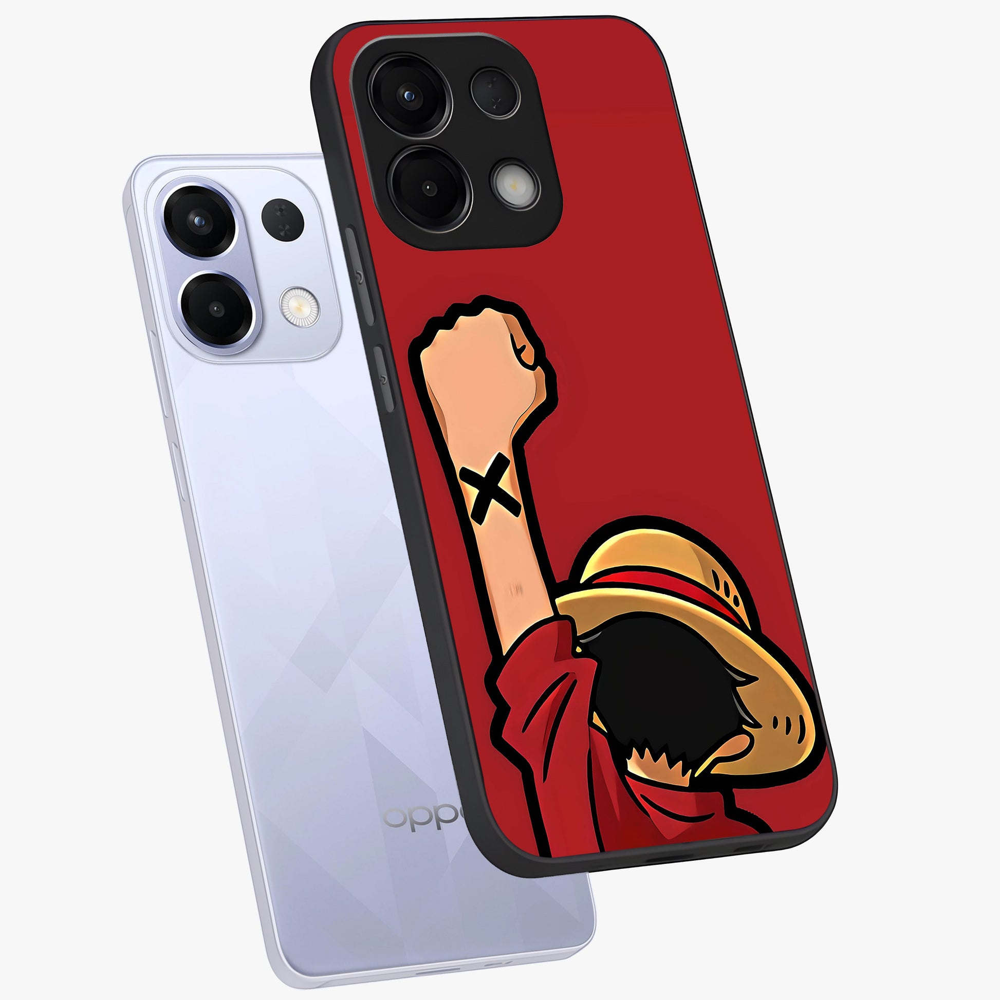 Luffy X Spirit Glass Case displayed in angled mockup highlighting powerful anime design with energetic action aesthetic.