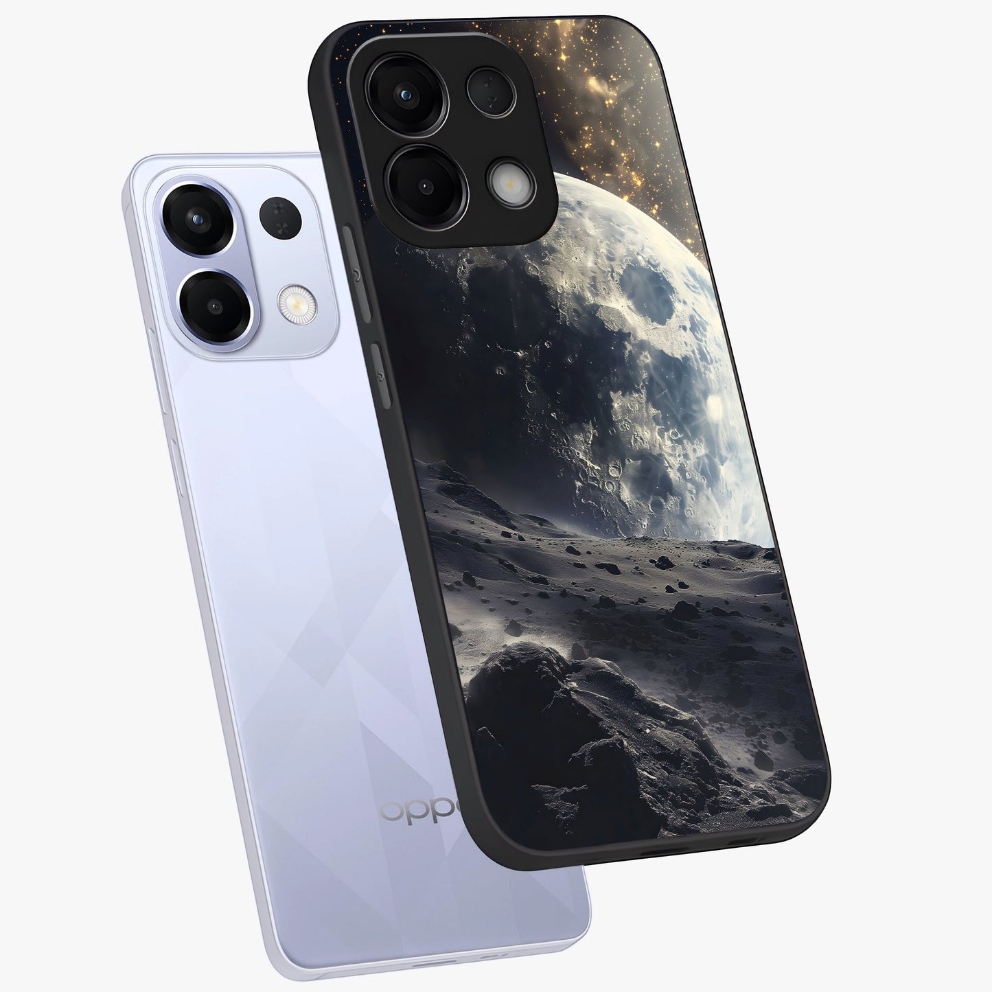 Lunar Horizon Glow Glass Case displayed in angled mockup highlighting celestial moon design with dreamy night aesthetic.