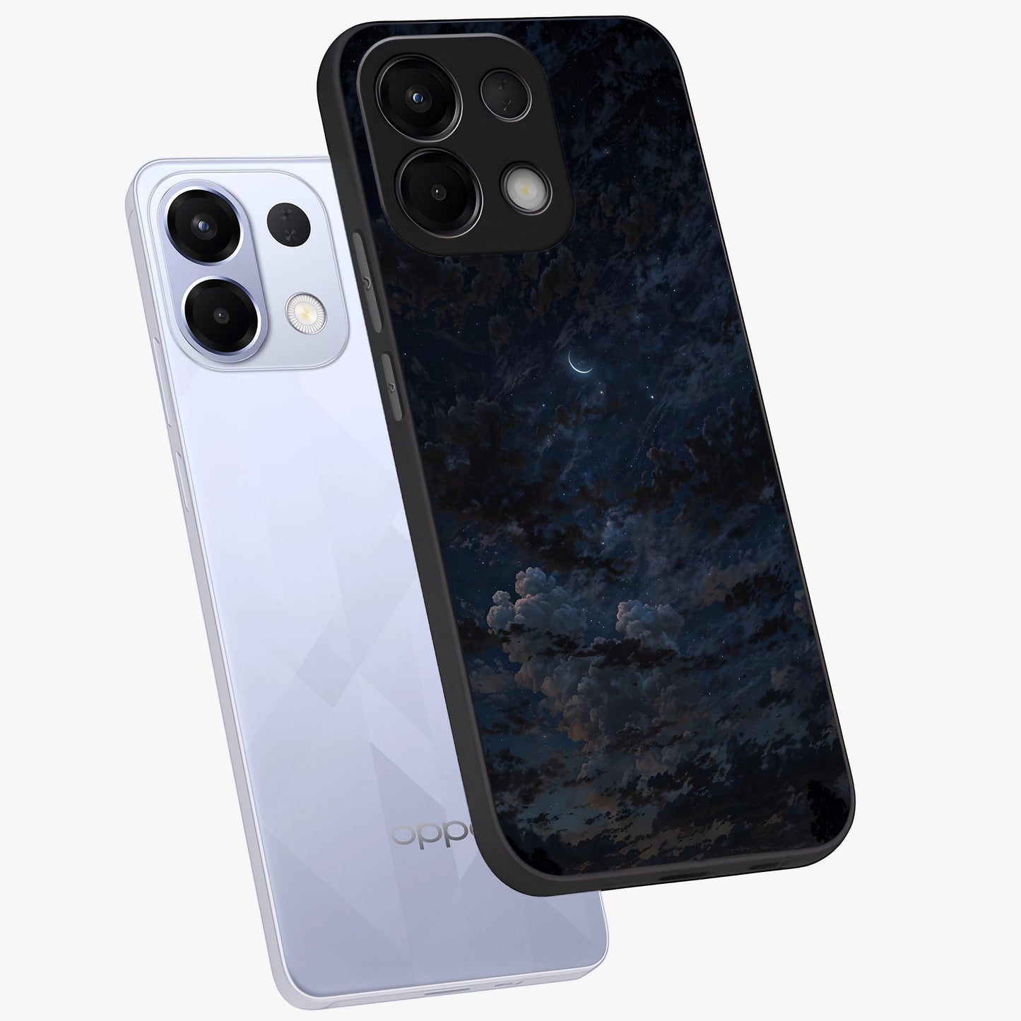 Lunar Veil Silence Glass Case displayed in angled mockup highlighting soft lunar design with peaceful celestial aesthetic.