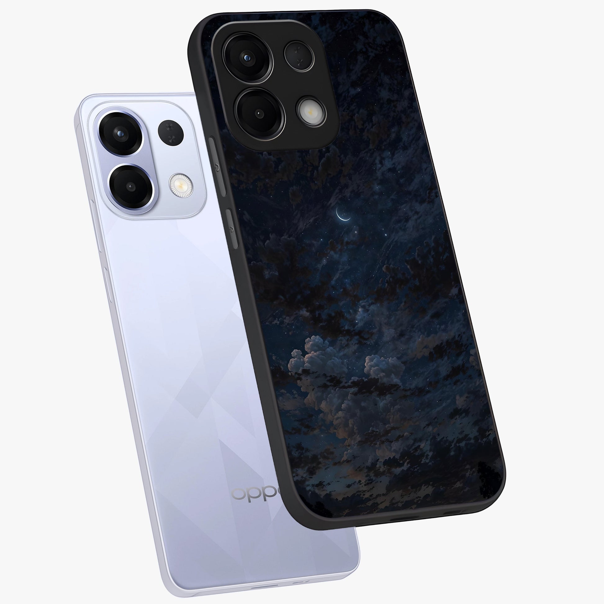 Lunar Veil Silence Glass Case displayed in angled mockup highlighting soft lunar design with peaceful celestial aesthetic.