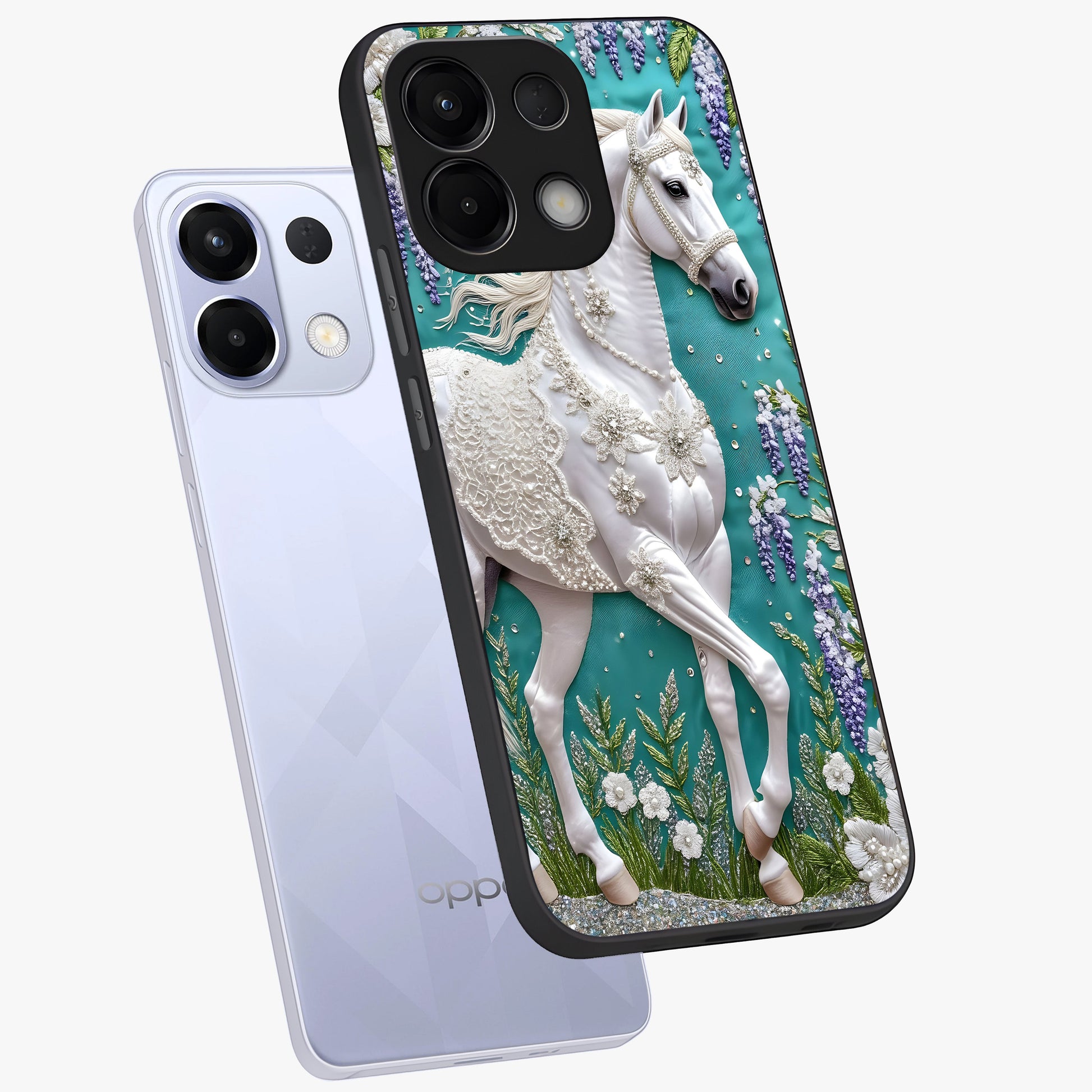 Majestic Floral Stallion Glass Case displayed in angled mockup highlighting majestic stallion illustration with elegant floral aesthetic.