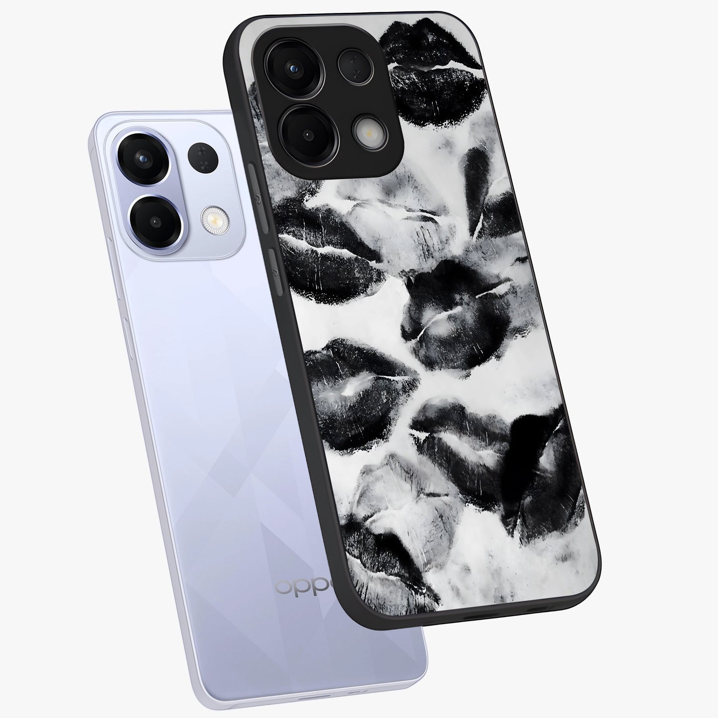 Midnight Kiss Marks Glass Case displayed in angled mockup highlighting playful romantic design with bold midnight aesthetic.