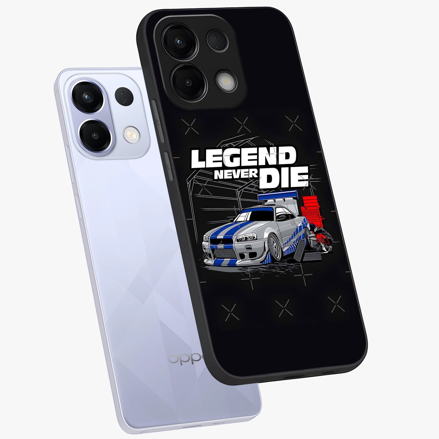 Midnight Racing Legacy Glass Case displayed in angled mockup highlighting dynamic automotive design with bold midnight aesthetic.