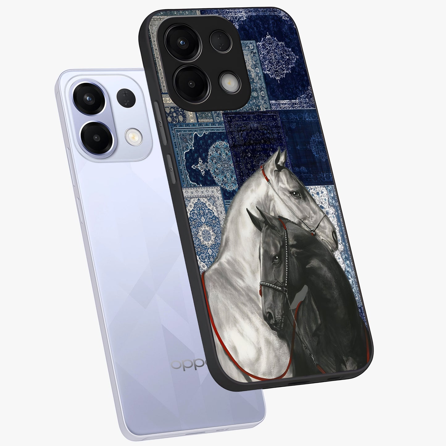 Midnight Stallion Blues Glass Case displayed in angled mockup highlighting powerful stallion illustration with deep midnight tones.