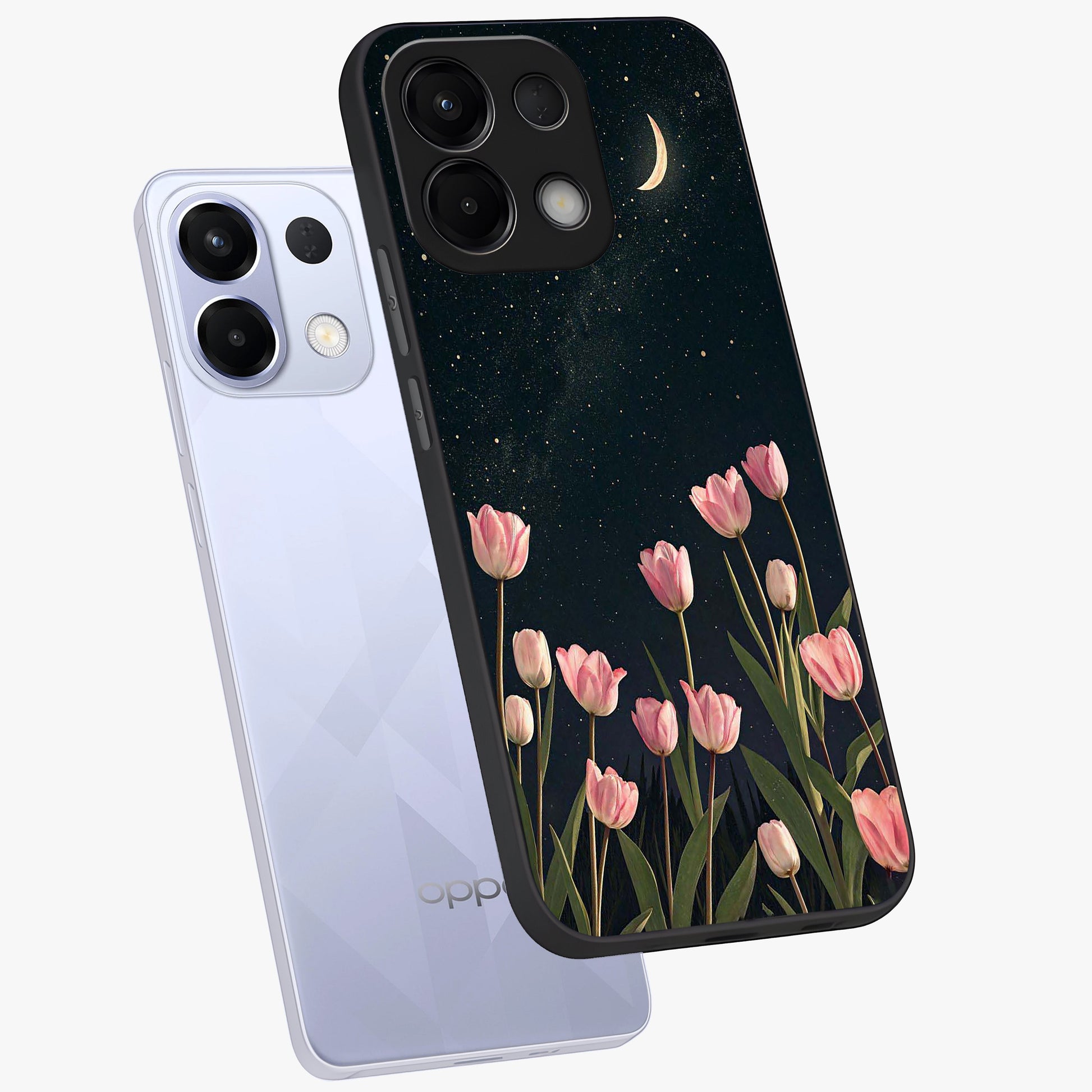 Midnight Tulip Whispers Vibe Glass Case displayed in angled mockup highlighting delicate tulip design with midnight floral aesthetic.